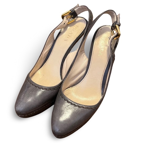 Prada Slingback Heels Gray with Stitching Detail Size EU 36.5 Made in Italy - Picture 4 of 11